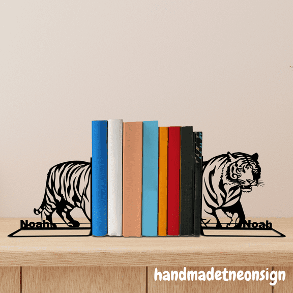Handmadetneonsign Tiger Metal Bookends Tigers Name Bookend, Tiger Animal Table Bookshelf Decor 040064