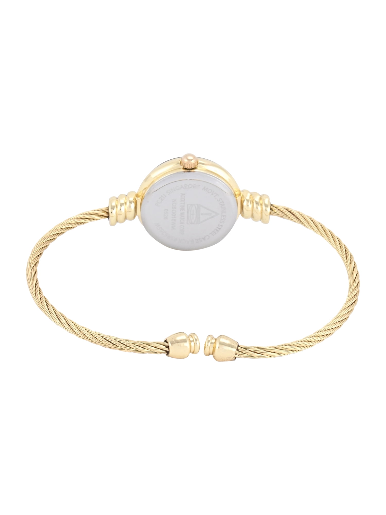 No Boundaries Adult Female Goldtone Round Case Watch with Black Enamel Bezel and Cable Bangle Bracelet.