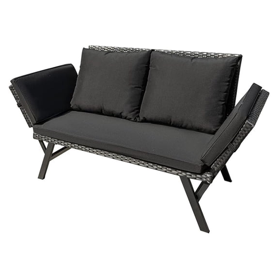 Woven Rattan Outdoor Sofa, Convertible Daybed with Adjustable Armrests - Patio Furniture Set with Cushions & Pillows, Black Lounger
