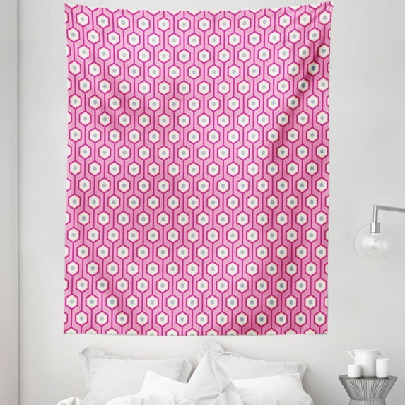 Pink Tapestry, Vertical Hexagonal Shapes with Dots Inside Tied with Lines Geometric Vibrant, Fabric Wall Hanging Decor for Bedroom Living Room Dorm, 5 Sizes, Pale Blue White Pink, by Ambesonne