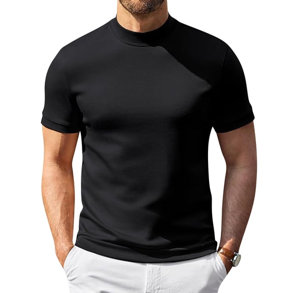 FGVCTG Mock Neck T-Shirts for Men Casual Short Sleeve Lightweight oft Basic Solid Pullover Undershirt Black L