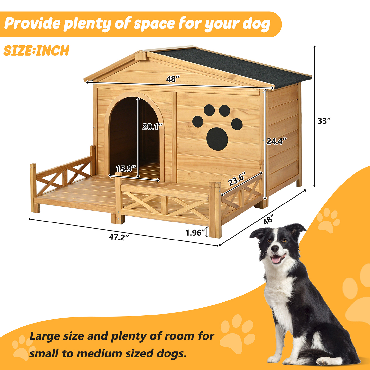 Pefilos 48" Large Wooden Dog House for Outdoor and Indoor, Cat Shelter with Doors and Porch, Cabin Style Pet Kennel for Medium Dogs, Gray