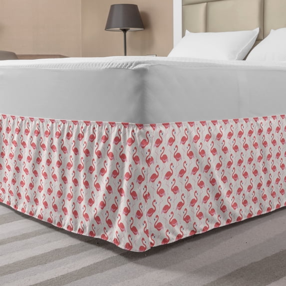 Flamingo Bed Skirt, Exotic Fantasy Pattern with Hawaii Wildlife Elements in Pastel Colors, Elastic Bedskirt Dust Ruffle Wrap Around for Bedding Decor, 4 Sizes, Beige Dark Coral Purple, by Ambesonne