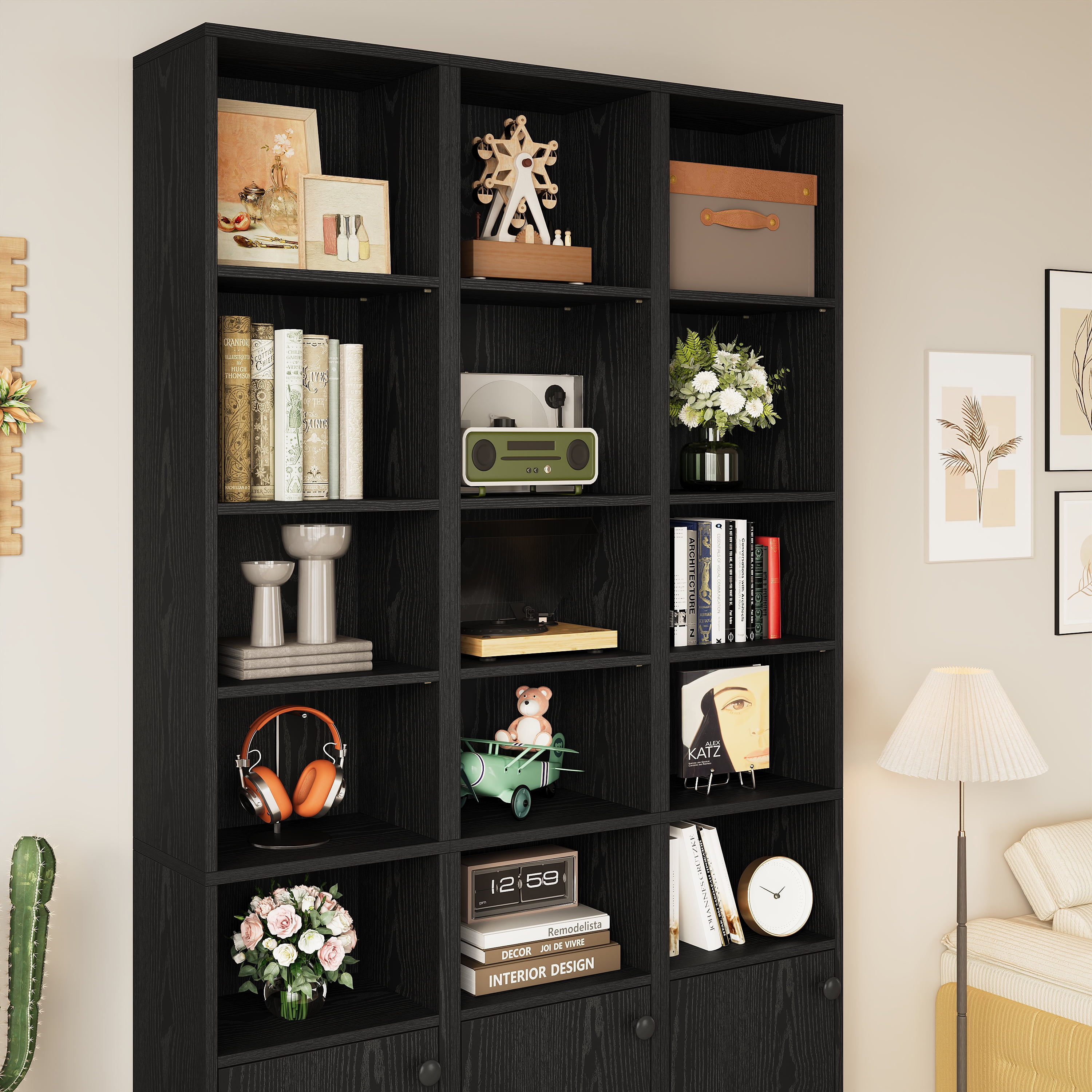 IRONCK 71" Tall Narrow Bookcase with Adjustable Shelves, 5 Tier Cube Bookshelf with 1 Door Storage Cabinet, Black