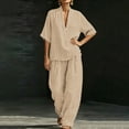 thumbnail image 3 of Two Piece Sets for Women Summer Casual Outfit Sets Fashion Stripes Printed V Neck Short Sleeve Topss and Wide Leg Double Pocket Pants Set Vacation Travel Outfits Fashion 2026, 3 of 6