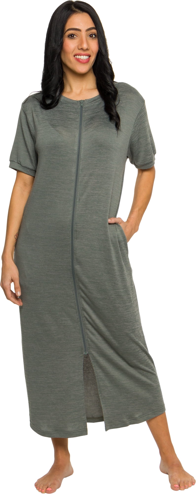 Silver Lilly - Womens Zip Up Short Sleeve Nightgown - Knee Length ...