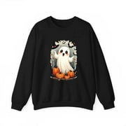 Enchanted Forest Sweatshirt Cheerful Ghost Magical Hat Pumpkins Round-neck long-sleeved Black S-3XL