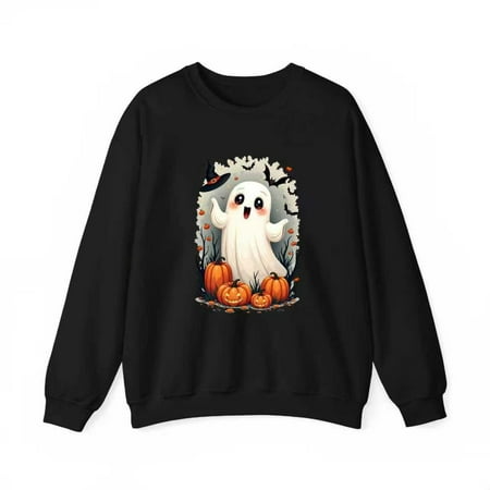 Enchanted Forest Sweatshirt Cheerful Ghost Magical Hat Pumpkins Round-neck long-sleeved Black S-3XL