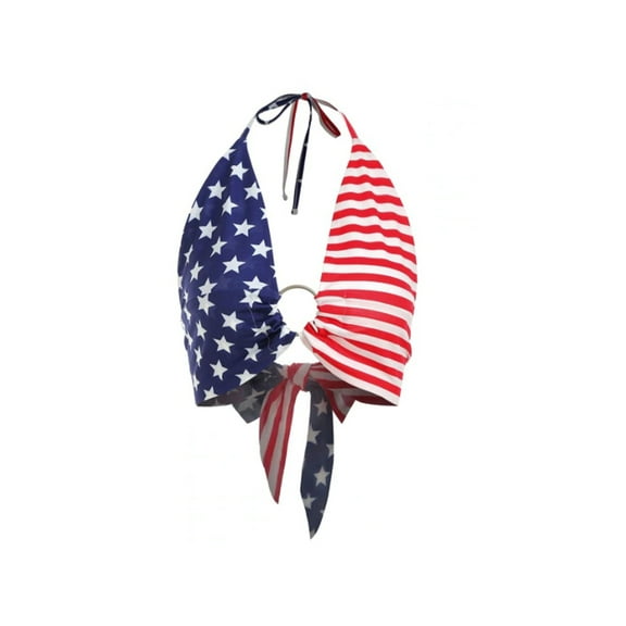 Women USA Flag Halter Backless Camis Streetwear Club Patchwork Camisole Crop Top, Red, Large