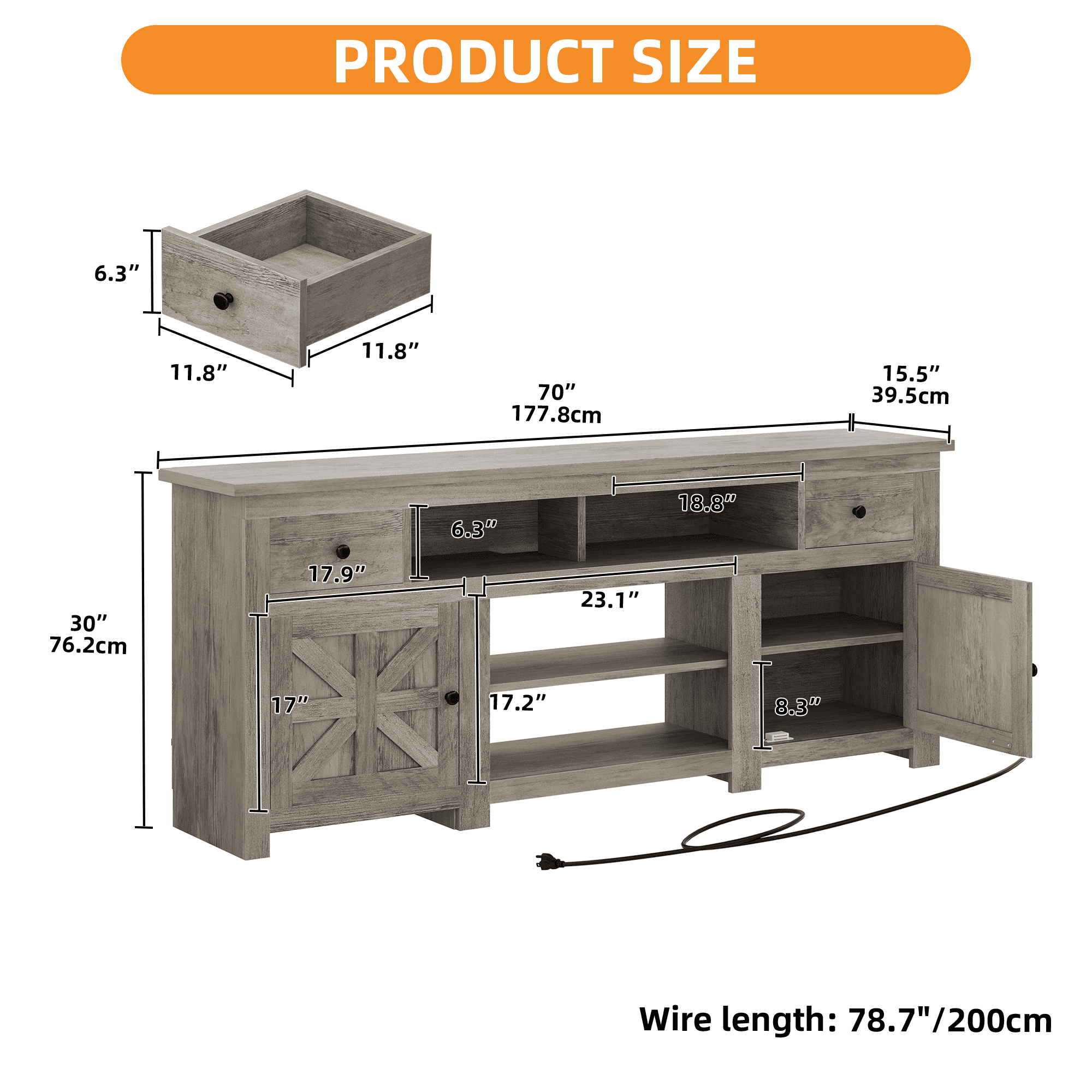 Uforic 70 Inch TV Stand for 75/80 Inch TV with 2 Drawers, 4 Open Compartments & Built-In Power Outlet, Floor Mount Wooden TV Console, Gray