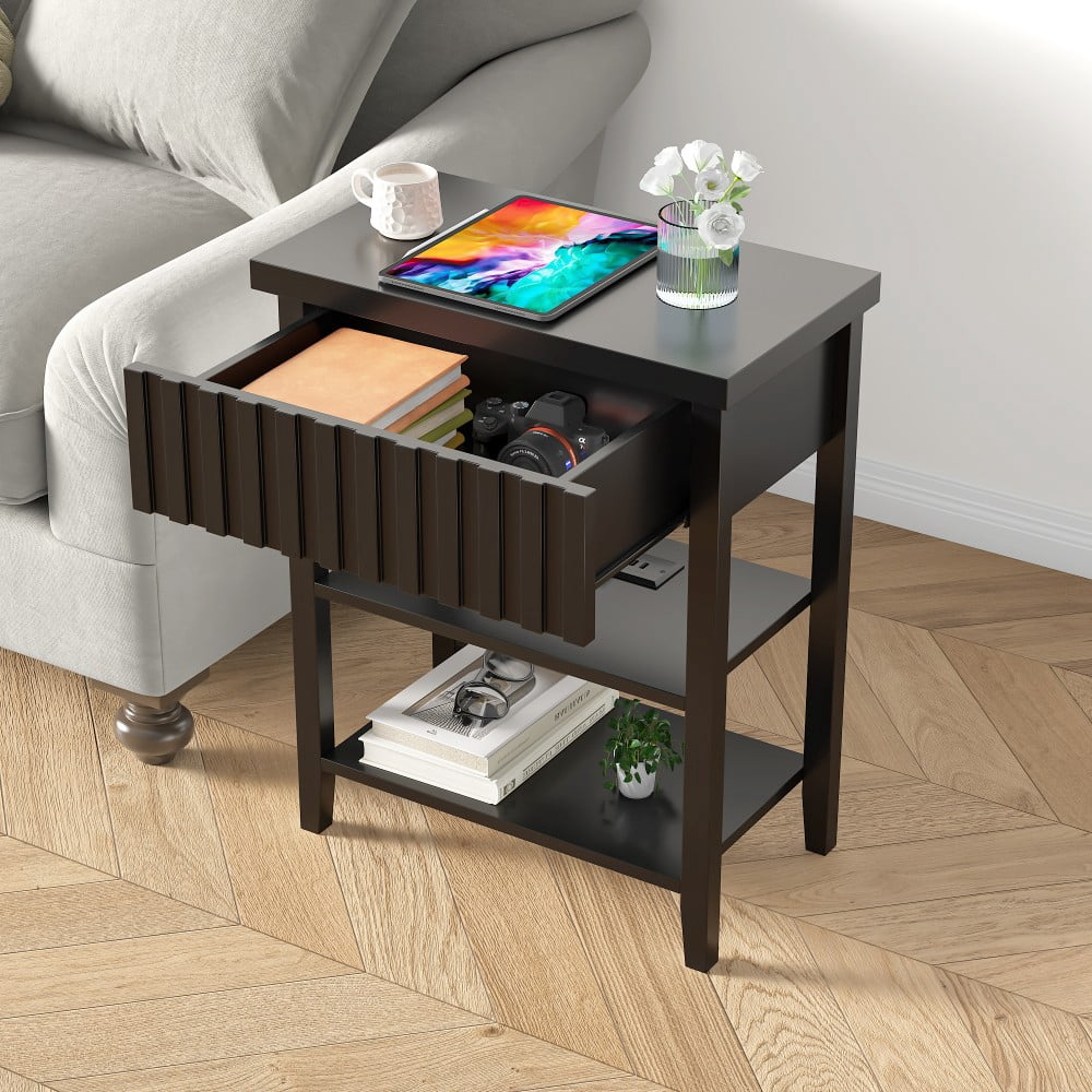 Nightstands Set of 2 with Charging Station, 2 USB Ports & 2 AC Outlets, Fluted Farmhouse Bedside Tables with Drawer & 2 Open Shelves, Black