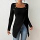 thumbnail image 2 of Túnica ligera con dobladillo asimétrico y botones para mujer - Top informal de manga larga, material de poliéster, tallas S-XL, perfecto para el otoño, 2 of 3
