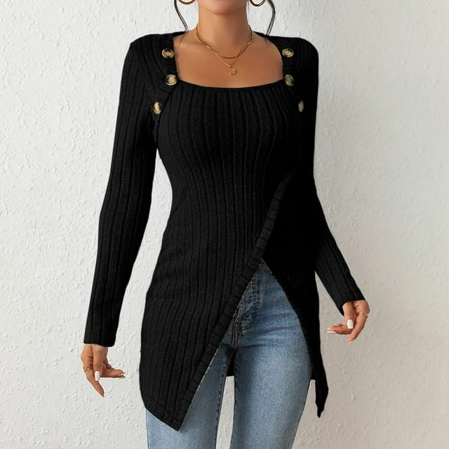 TINZ Chandails Légers Asymétriques pour Femmes Manches Longues Chemises Décontractées Automne Tunique à Boutons Col Roulé Haut Pack pour Femmes Haut de Course Femmes Chemises Athlétiques Femmes Coupe Ample