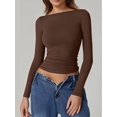 thumbnail image 2 of Womens Crewneck Long Sleeve Shirt Double Lined Basic Tees Side Ruched Going Out Crop Tops Brown XS, 2 of 5