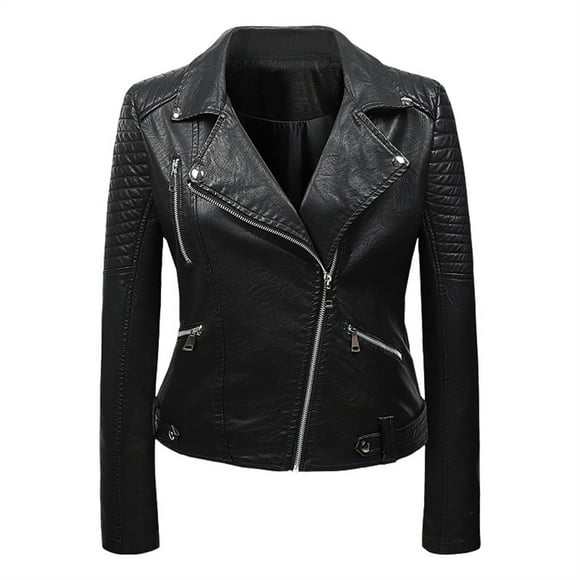 Womens Leather Standing Collar Slim Fitting Motorcycle Jacket Leather Jacket