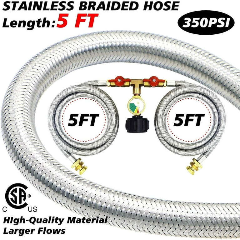 5ft Propane 2 Way Splitter Hose - 1lb To 20lb Converter With Shut Off Valves