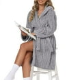 thumbnail image 4 of Htigea Women's Short Hooded Bathrobe Plush Flannel Long Sleeve Shower Robe Soft Comfy Loungewear Nightgown Gray,M, 4 of 6
