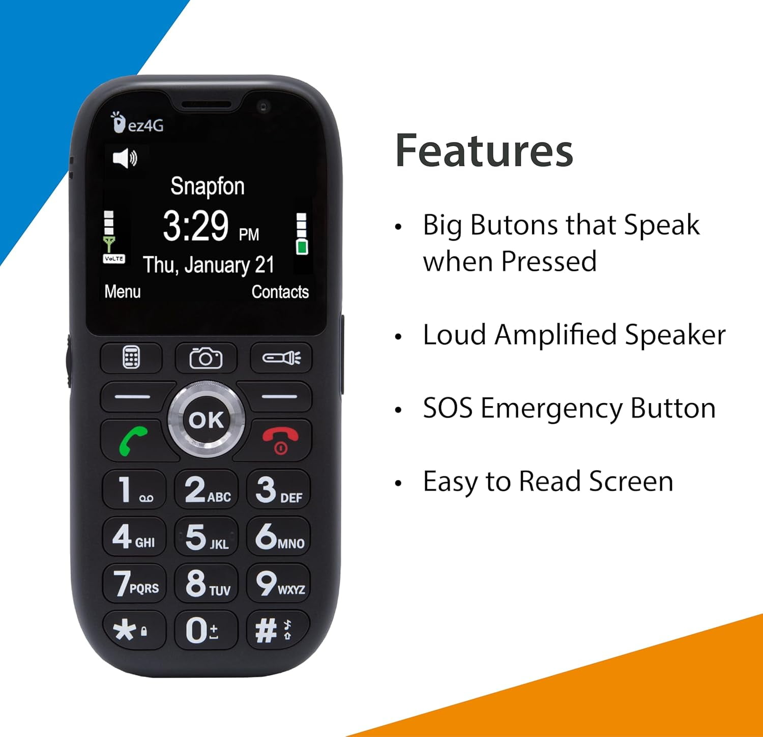 Snapfon EZ Candy Bar Phone With Free Service For 1 Year