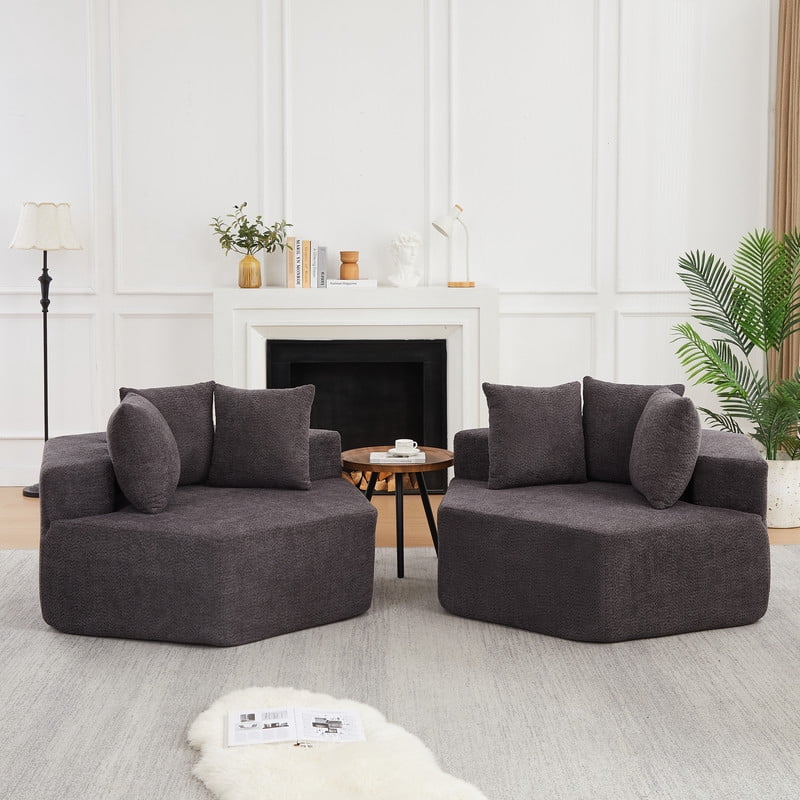 2PCS Hexagonal Double Chaise Lounge Accent Couch, Chenille-Upholstered Sectional Sofa, Compressed Boneless Oversized Loveseat