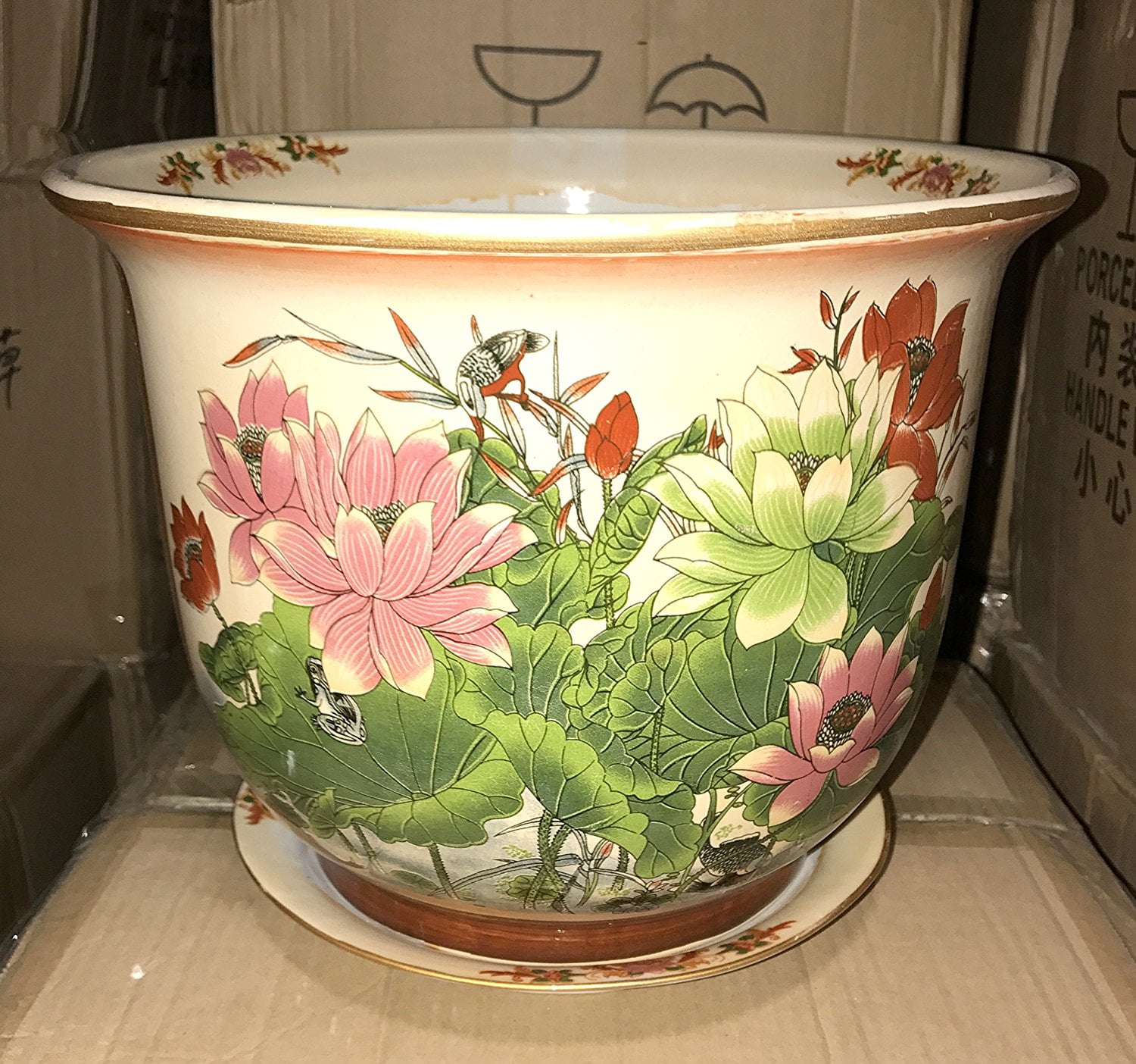 New 7.5" Oriental Colorful Lotus Flowers & Lily Pad Theme Planter Plant