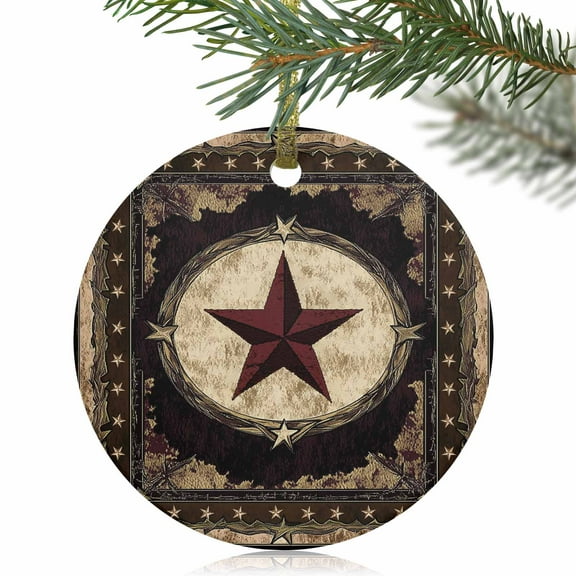 Rustic Texas Western Stars on Wooden Christmas Ceramic Ornament 2025,3" Round Xmas Tree Hanging Accessories with Gold Ribbon