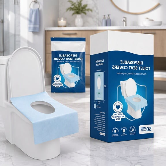 50 Count Disposable Toilet Covers, XL Waterproof Travel Pack with Adhesive Tabs, Individually Wrapped for Public Restrooms, Airplane Travel, and Adults