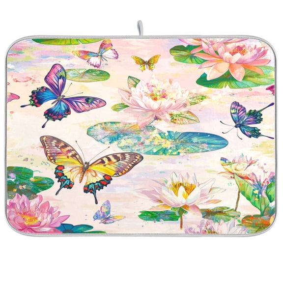 Dish Drying Mat for Kitchen Counter | Reversible, Super Absorbent & Hanging | 16x18 / 18x24 Inch (S/M)，Butterflies