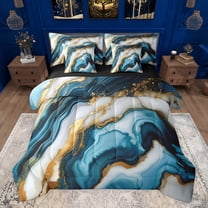 Castle Fairy Teens Female Women Blue Gold Marble Twin Bedding Sets 7-Piece,Marbling Watercolor Bedding Comforter Set Microfiber,Abstract Gradient Vintage Aesthetic Breathable Sheet Sets