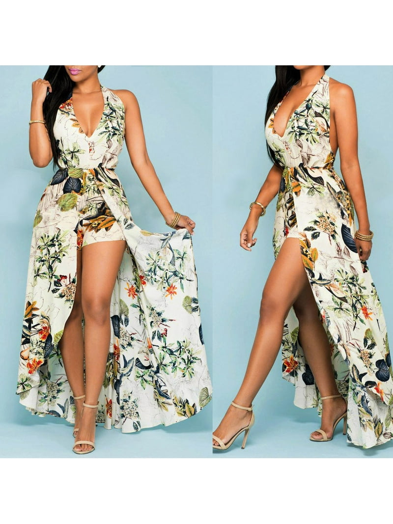 Women Romper Split Maxi Dress,Halter Neck Sleeveless Floral Print Short Jumpsuit Coverups Skirt for Summer Party Beach - Walmart.com Women Romper Split Maxi Dress,Halter Neck Sleeveless Floral Print Short Jumpsuit Coverups Skirt for Summer Party Beach - Walmart.com
