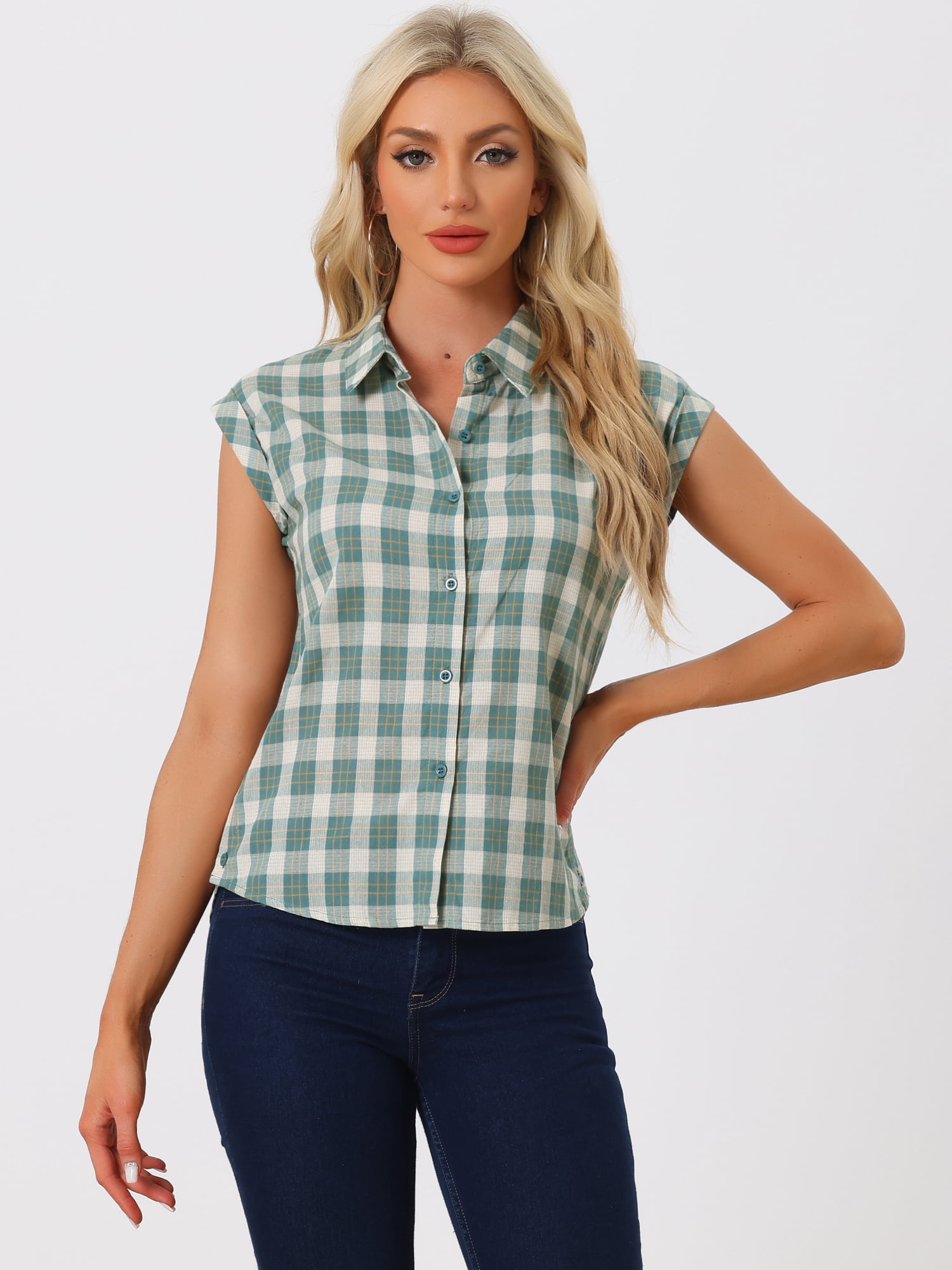 DARING DIVA Women's Summer Plaid Short Sleeves Button Down Shirts XL Green White