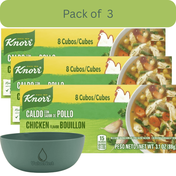 Knorr Chicken Flavor Bouillon Cubes, 3.1 oz, 8 Pack, Pack of 3 with Bowl by Value Nest