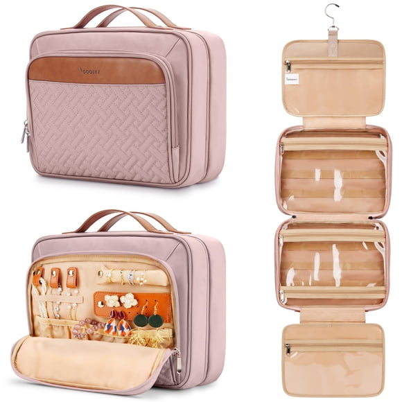 Neceser de viaje COOSKY con organizador de joyas, color rosa bebé
