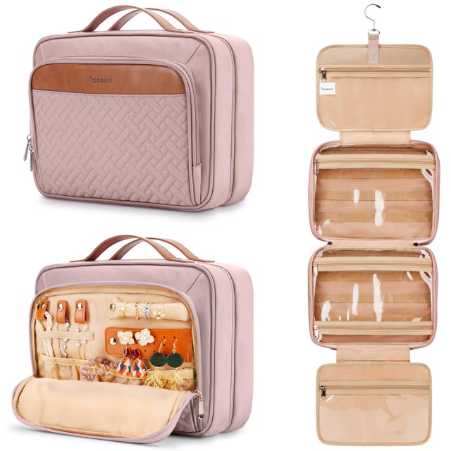 Neceser de viaje COOSKY con organizador de joyas, color rosa bebé