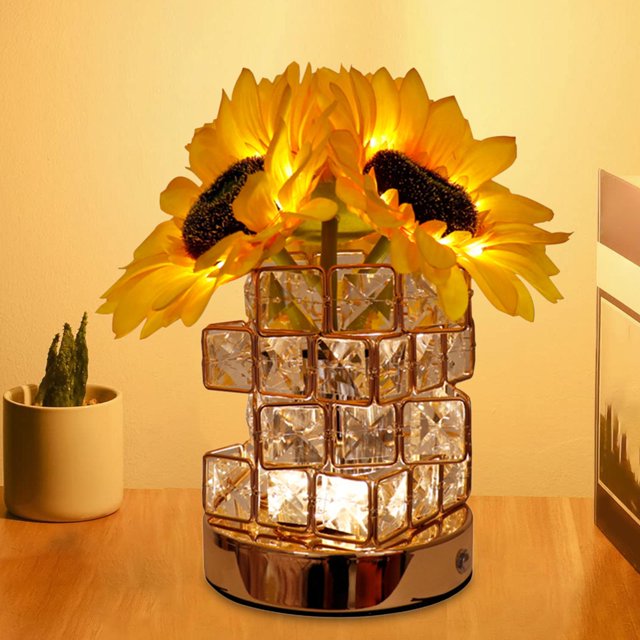 Girasol Lámpara de mesa de noche LED Luz de noche Luz ambiental Lámpara de vidrio Sombra Hogar Lámpara de flores artificiales para inauguración de la Yinane Lámpara de noche