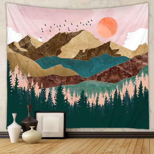 Tapiz de árbol de bosque de puesta de sol de Dream Island (colorido, m/150 cm x 130 cm), tapiz de pared psicodélico de montaña, tapiz de paisaje natural, decoración de dormitorio y sala de estar