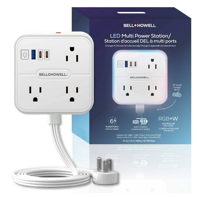 Bell + Howell Station Multi-Alimentation à DEL – Rallonge de Charge à 6 Ports avec Veilleuse RVB et Protection contre les Surtensions