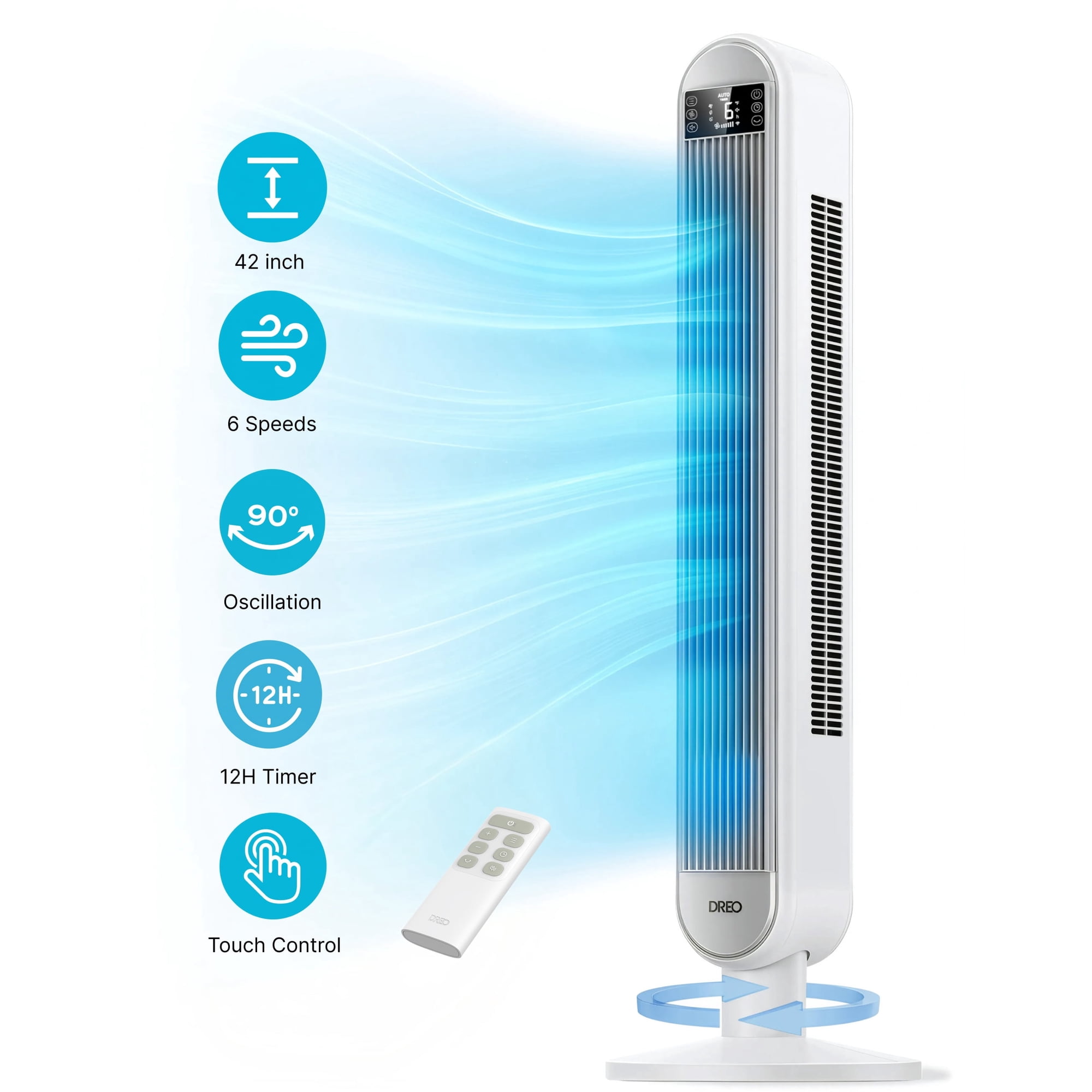 DREO 42" Tower Fans for home, Standing Bladeless Fan with Remote, 90° Oscillating Fan with LED Display, 12H Timer, 6 Speeds, 4 Modes, 26 ft/S High Velocity, 28dB Ultra Quiet Bedroom Fans, White
