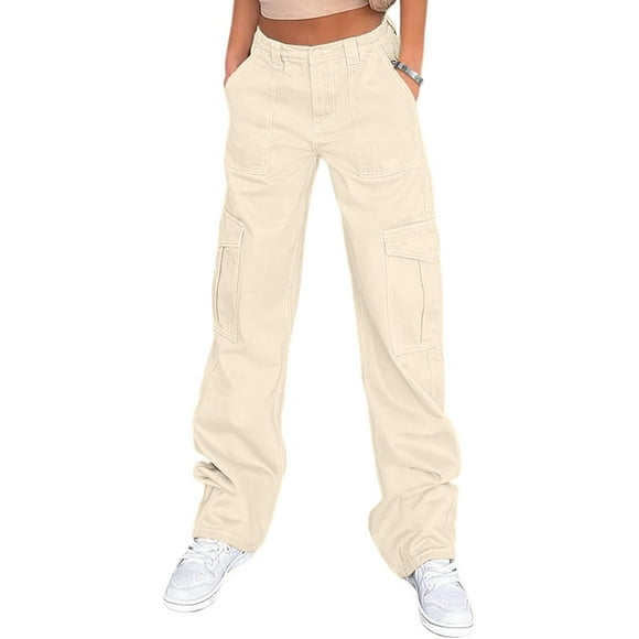 uo Pantalon Cargo pour Femmes Pantalon Décontracté Taille Haute Bouffant Jambe Large Y2K Streetwear avec 6 Poches Beige Grand