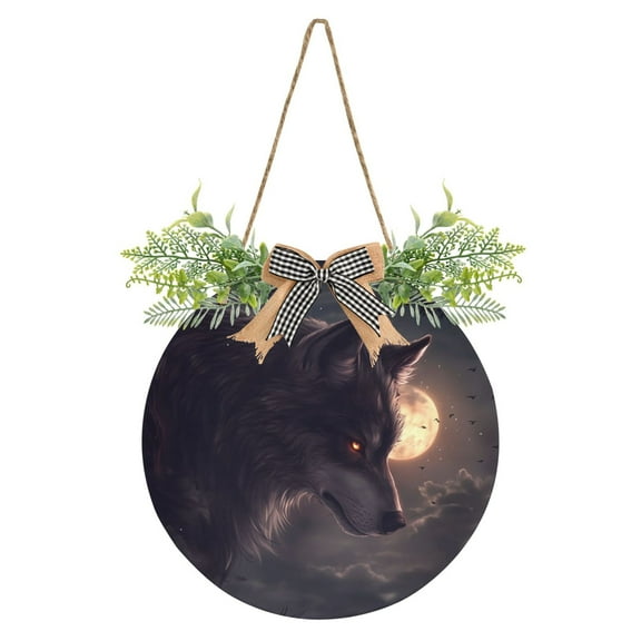 Dark Wolf Night Art Front Door Porch Decoration Hanging Sign with Artificial Green Plants and Bow for Home Outdoor Indoor