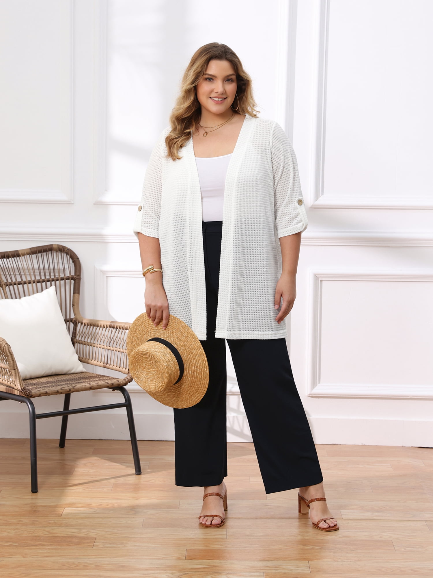 DARING DIVA Women's Plus Hollow Out 3/4 Sleeve Long Open Front Cover Up 4X White