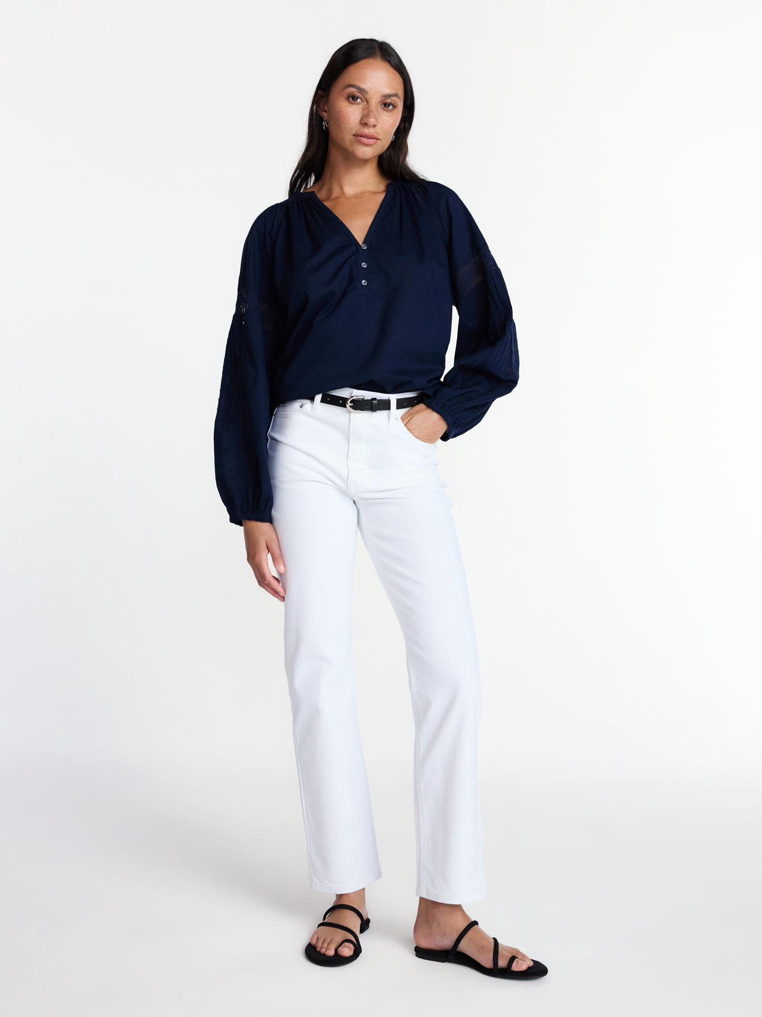 Time and True Women's Lace Trim Cotton Top with Bishop Sleeves, Sizes XS-XXL