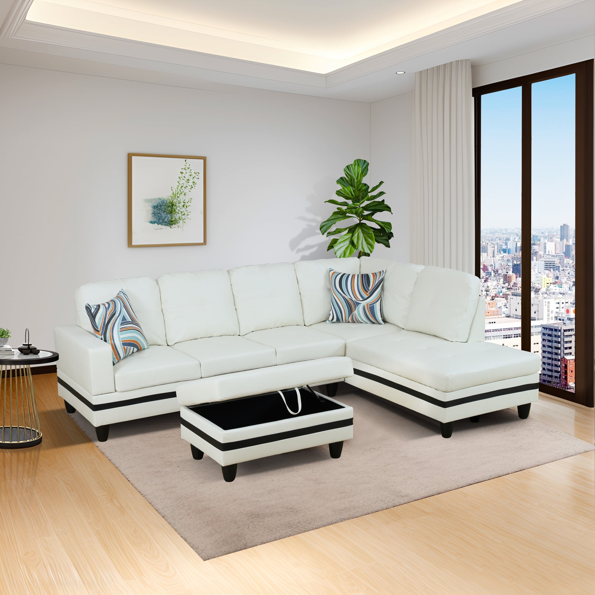 MAYEERTY White & Black 3-Piece PU Leather Couch Stylish Contrast Modern Living Room