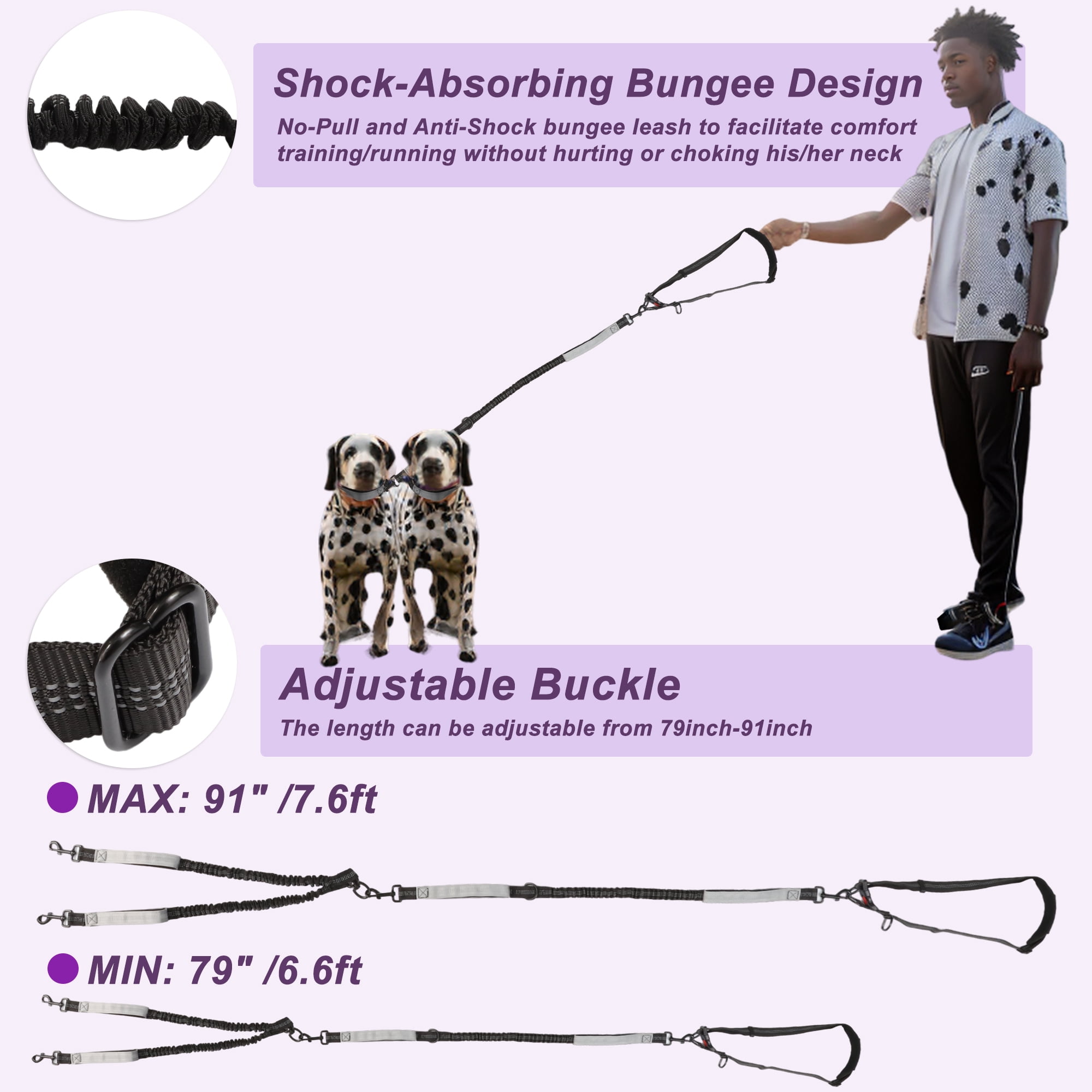 Unique Bargains Hands Free Dog Leash No Pull Bungee for Two Dogs 6.6-7.6FT Long