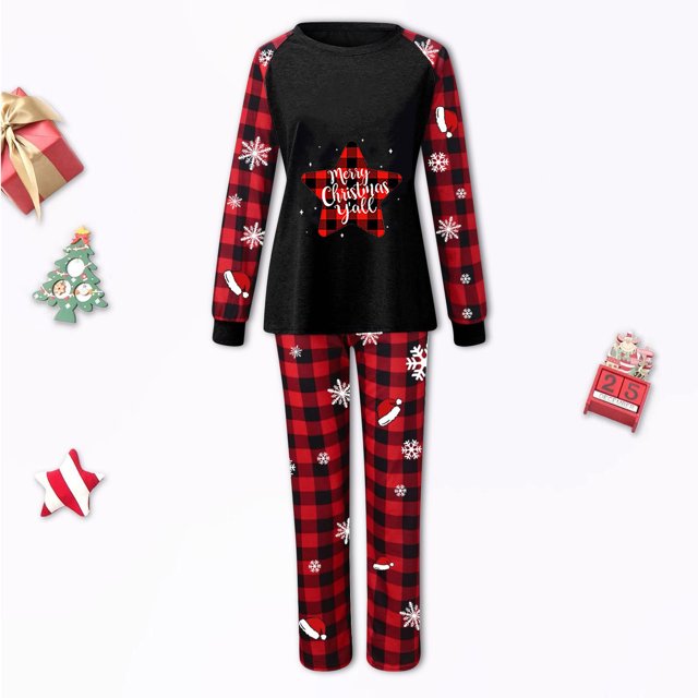 Wolfast Pantalon de Pyjama de Noël Assorti Tenue Parent-Enfant Costumes de Noël Patchwork à Carreaux Imprimés Vêtements de Maison Col Rond Manches Longues Pyjamas Ensemble Deux Pièces Maman