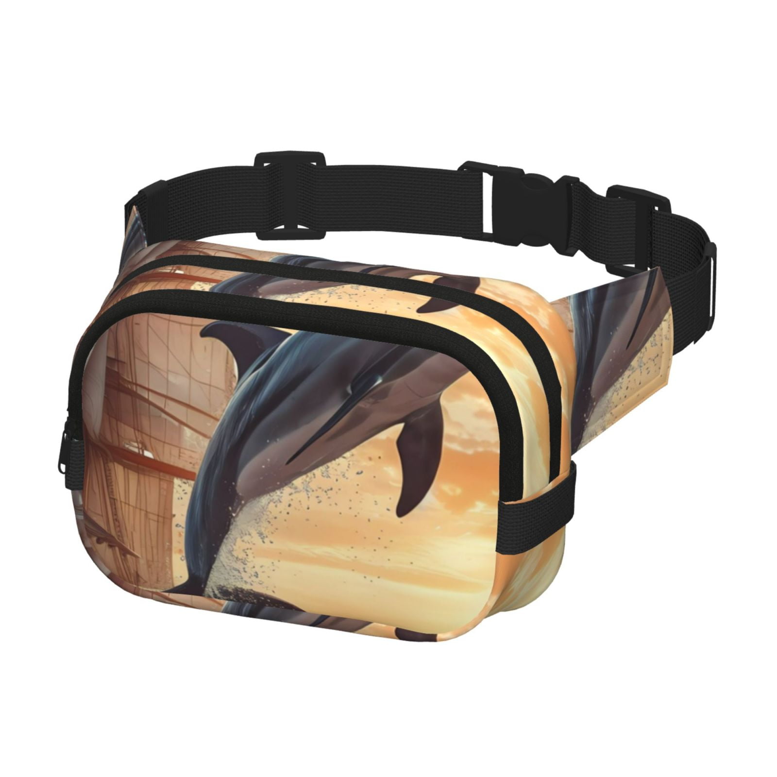Picia Sailing Dancing Dolphin Print Square Double-Layer Waist Bag Mini Adjustable Waist Belt Bag Exercise Running Travel Hiking
