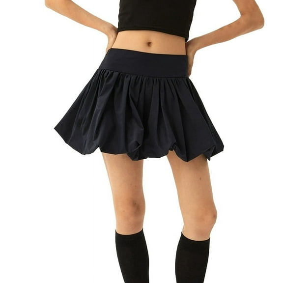 Women'S High Waist Ruffle Hem Bubble Mini Skirt A Line Flared Cute Skirts Streetwear Black M