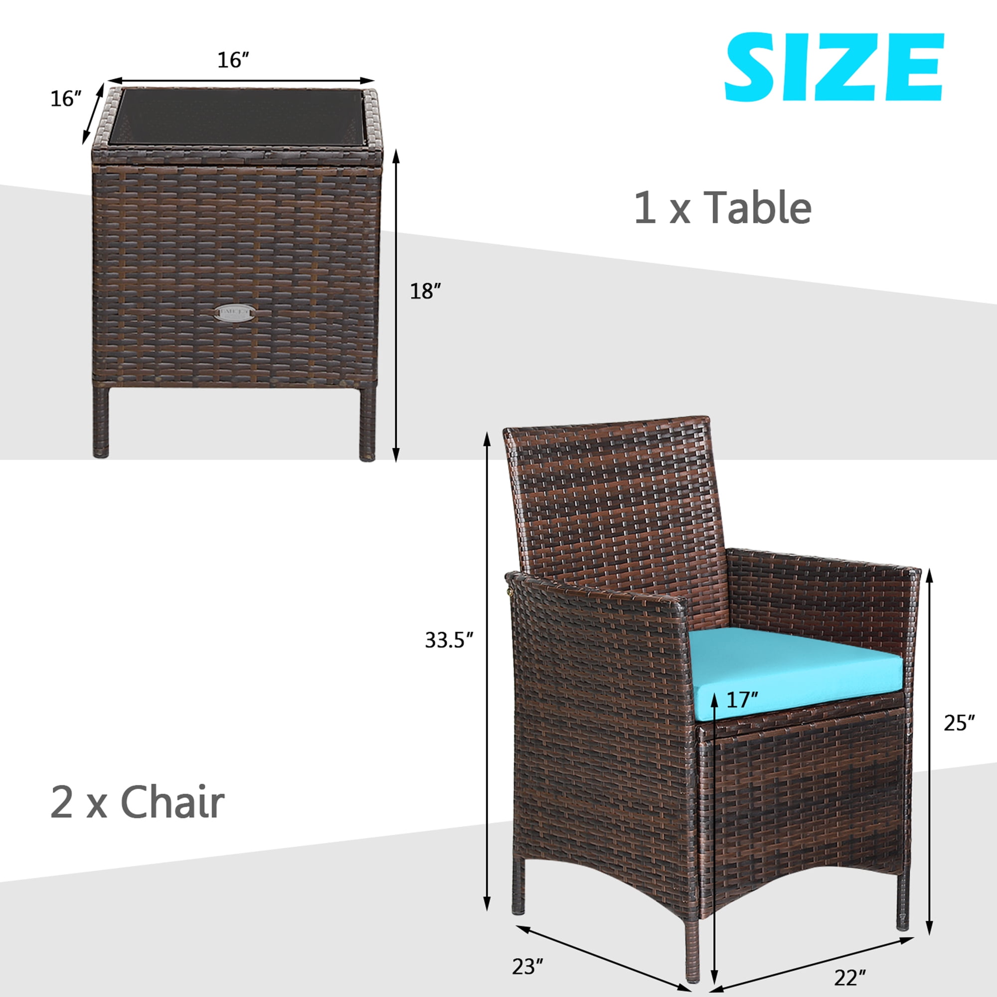 Gymax 3PCS Outdoor Rattan Conversation Set Patio Furniture Set w/ Blue Cushions