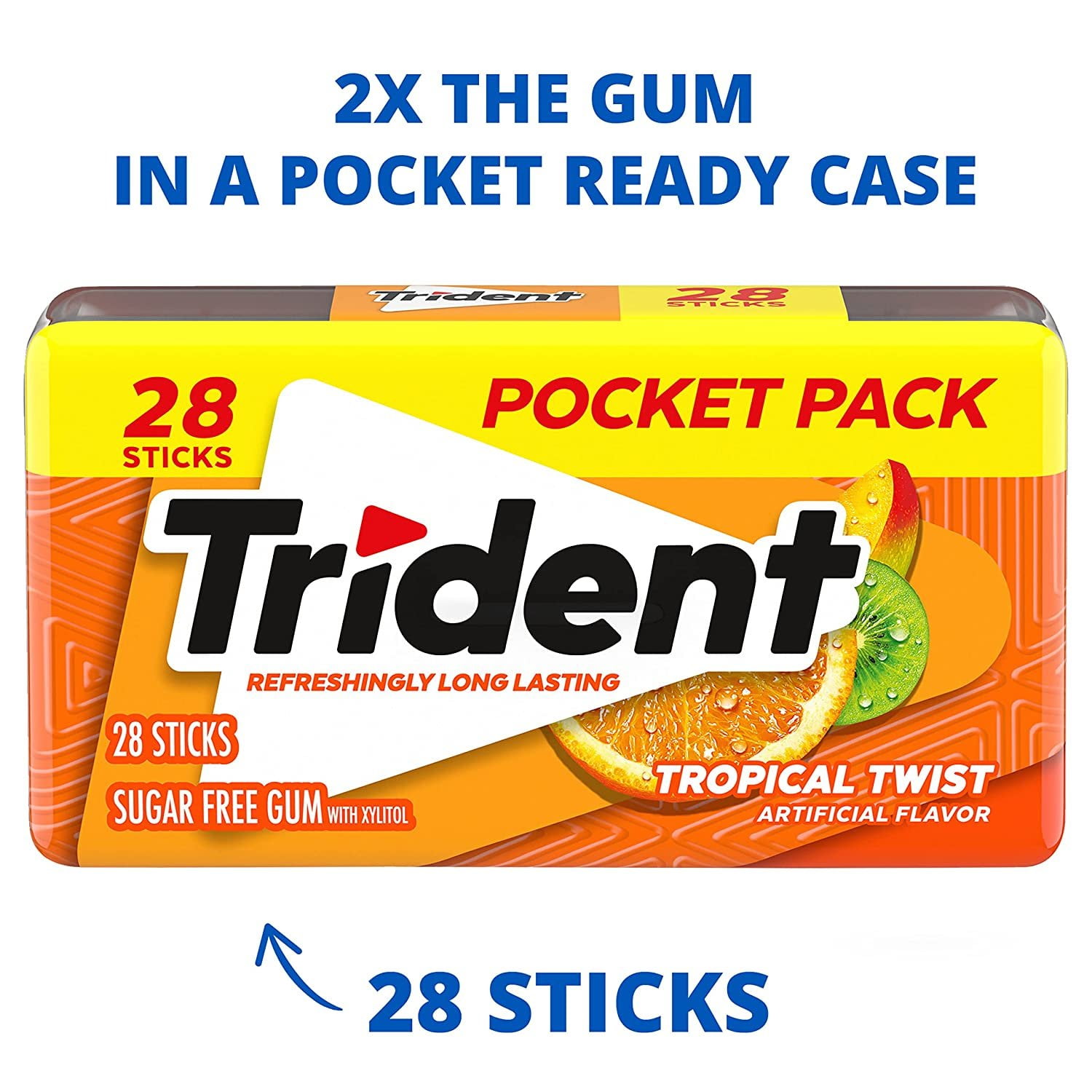 Trident Tropical Twist Sugar Free Gum, 6 Pocket Packs of 28 Pieces 168 Total Pieces
