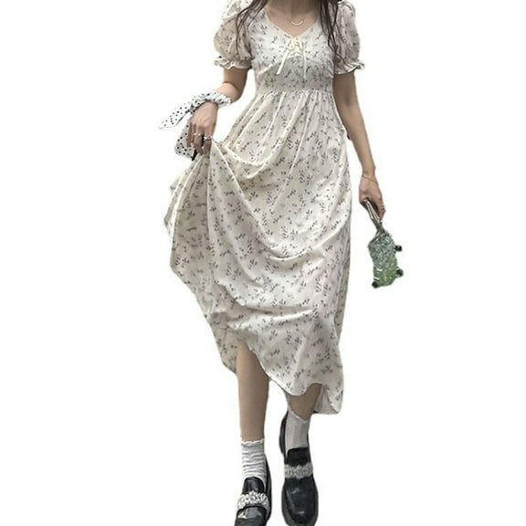 Slatcetga Women Puff Sleeve Floral Dress Fashionable Beautiful Gentle Soft Breathable Lady Dress for Summer Long Style L