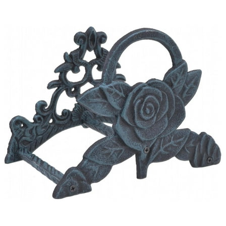 Garden Water Hose Holder Rose Flower Verdigris Cast Iron Hanger Reel 9.5" Wide